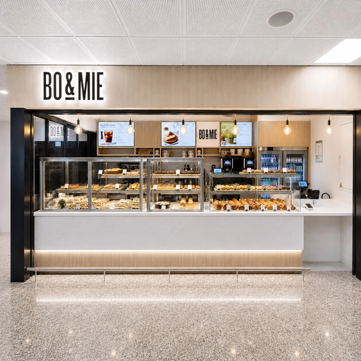 Le futur BO&MIE de Bordeaux : long comptoir blanc et bois clair, vitrines de viennoiseries et sandwichs sous l’enseigne lumineuse