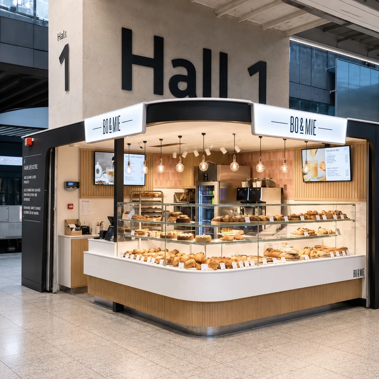 Le kiosque BO&MIE de la gare Montparnasse, sous le panneau Hall 1 : vitrines de pains et viennoiseries, enseignes lumineuses