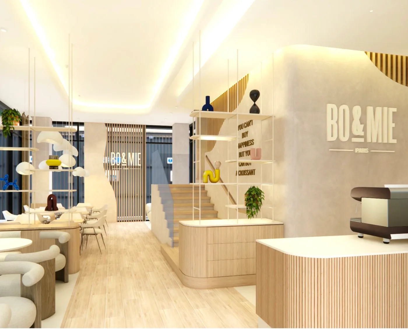 Rendu du futur BO&MIE de Riyad : grand logo mural, escalier de bois clair et suspensions en nuages