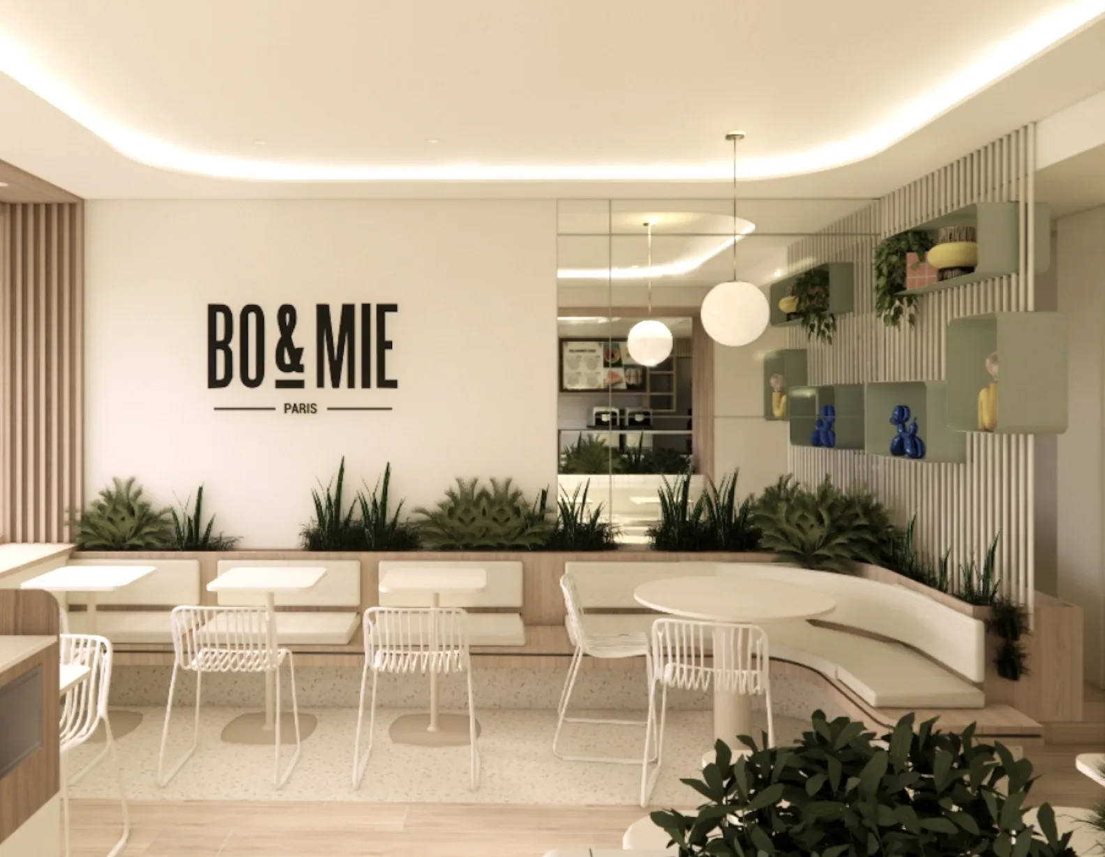 Vue d’architecte d’une salle BO&MIE : logo mural, banquettes claires, tables rondes et plantes