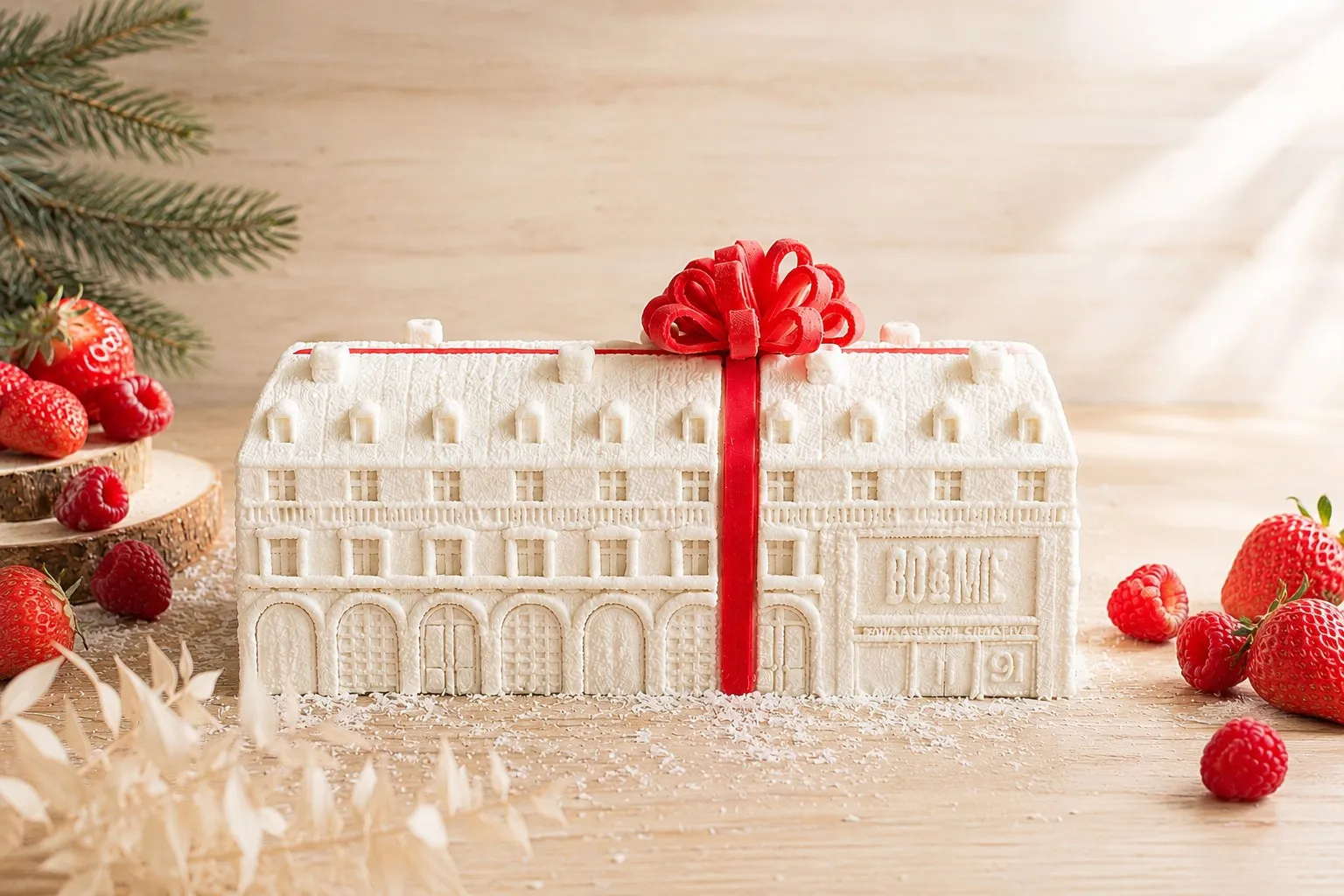 Bûche BO&MIE sculptée en façade haussmannienne, ruban rouge, devant un sapin enneigé