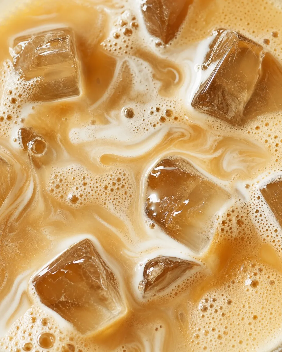 Un latte glacé BO&MIE en gros plan, glaçons et lait tourbillonnant dans le café