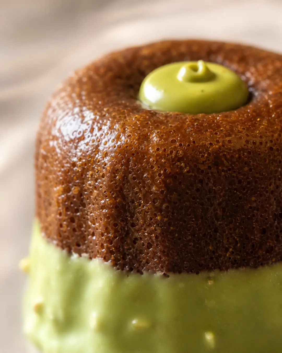 Cannelé pistache, caramel cuivré et coulée de glaçage vert