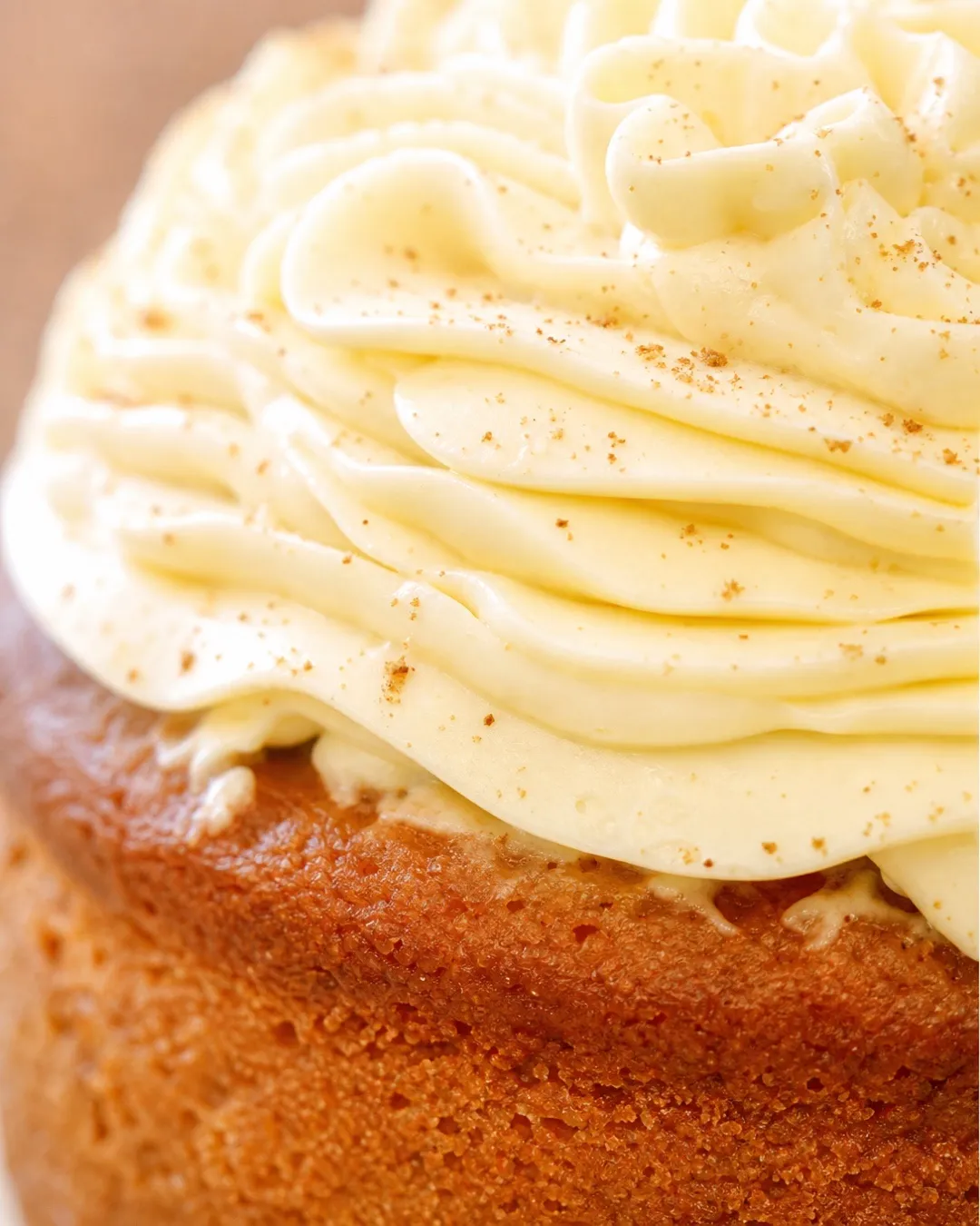 Gros plan sur le glaçage au cream cheese d’un carrot cake, poudré de cannelle
