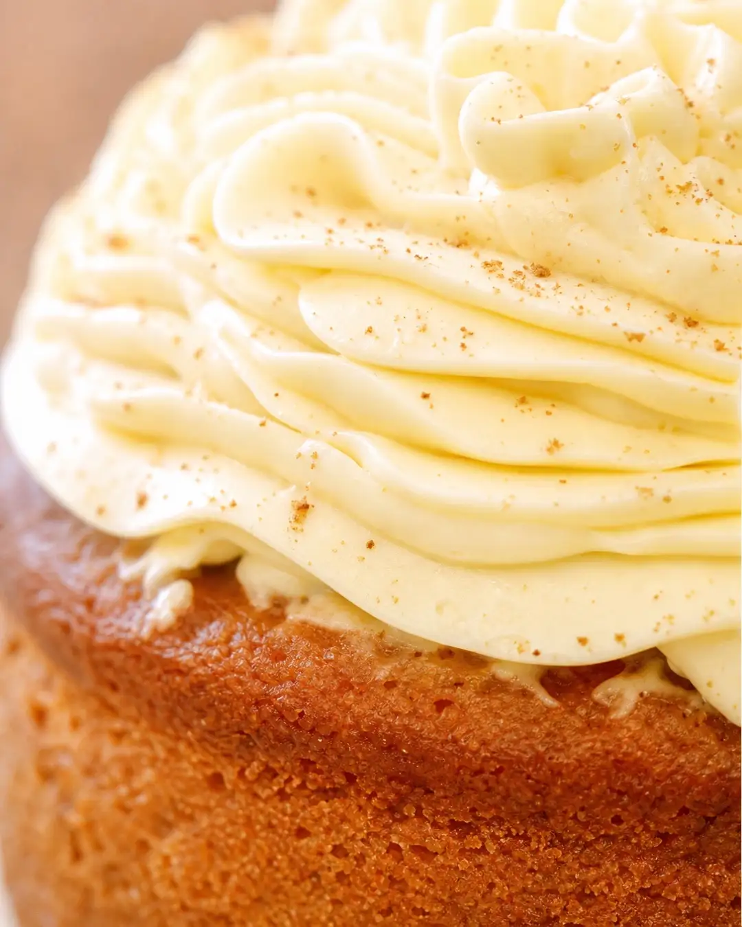 Gros plan sur le glaçage au cream cheese d’un carrot cake, poudré de cannelle