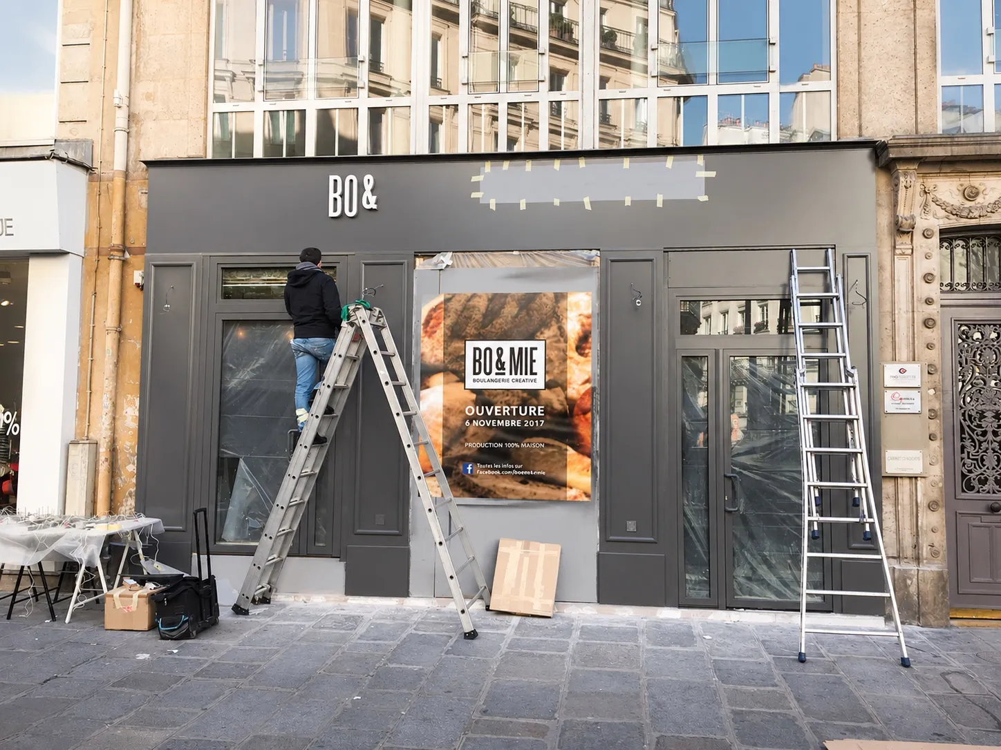 La devanture de Turbigo en travaux, l’affiche annonçant l’ouverture du 6 novembre 2017