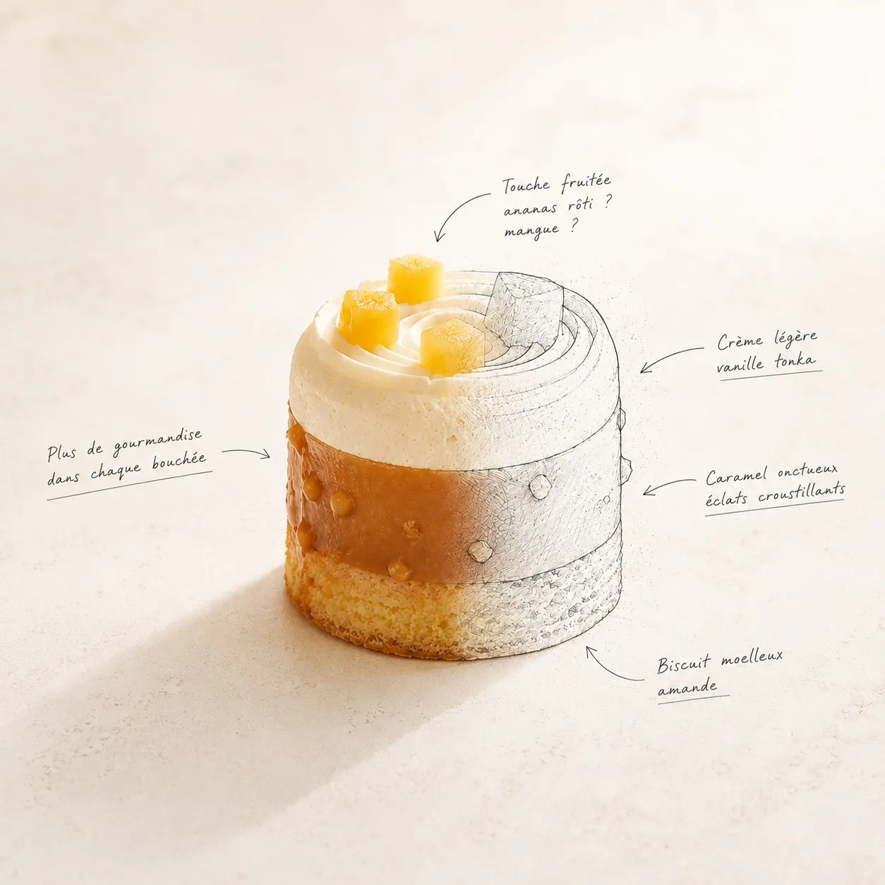 Un entremets BO&MIE à moitié dessiné, à moitié réalisé : le croquis annoté à la main se change en pâtisserie