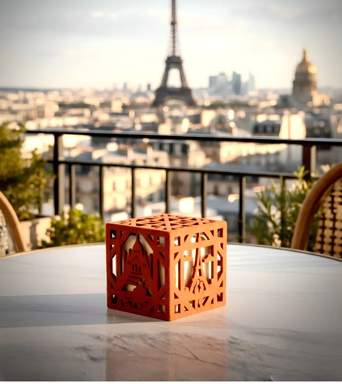 Amour³, cube de chocolat ajouré BO&MIE aux motifs de la tour Eiffel, du pont des Arts, du Moulin Rouge et de Montmartre, sur une table face aux toits de Paris