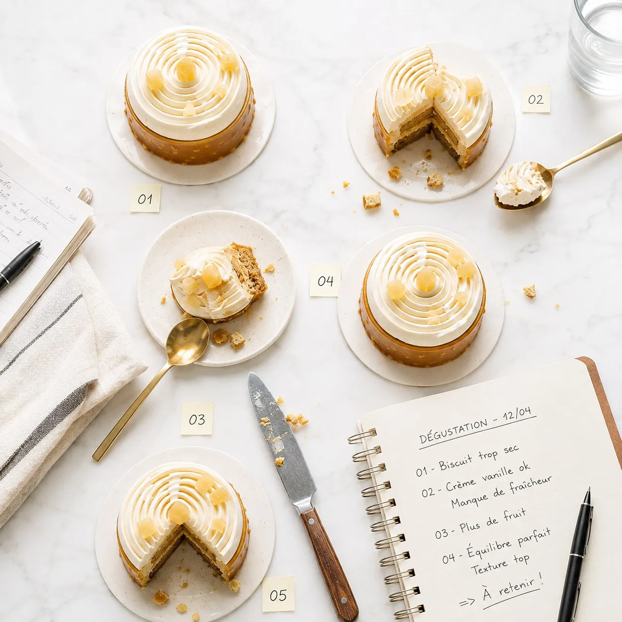 Dégustation : cinq entremets numérotés sur le marbre, carnet de notes ouvert