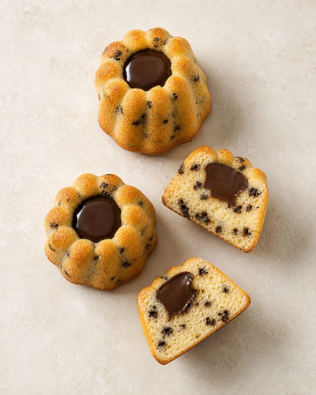 Financiers chocolat cannelés, cœur de ganache, dont deux coupés en deux
