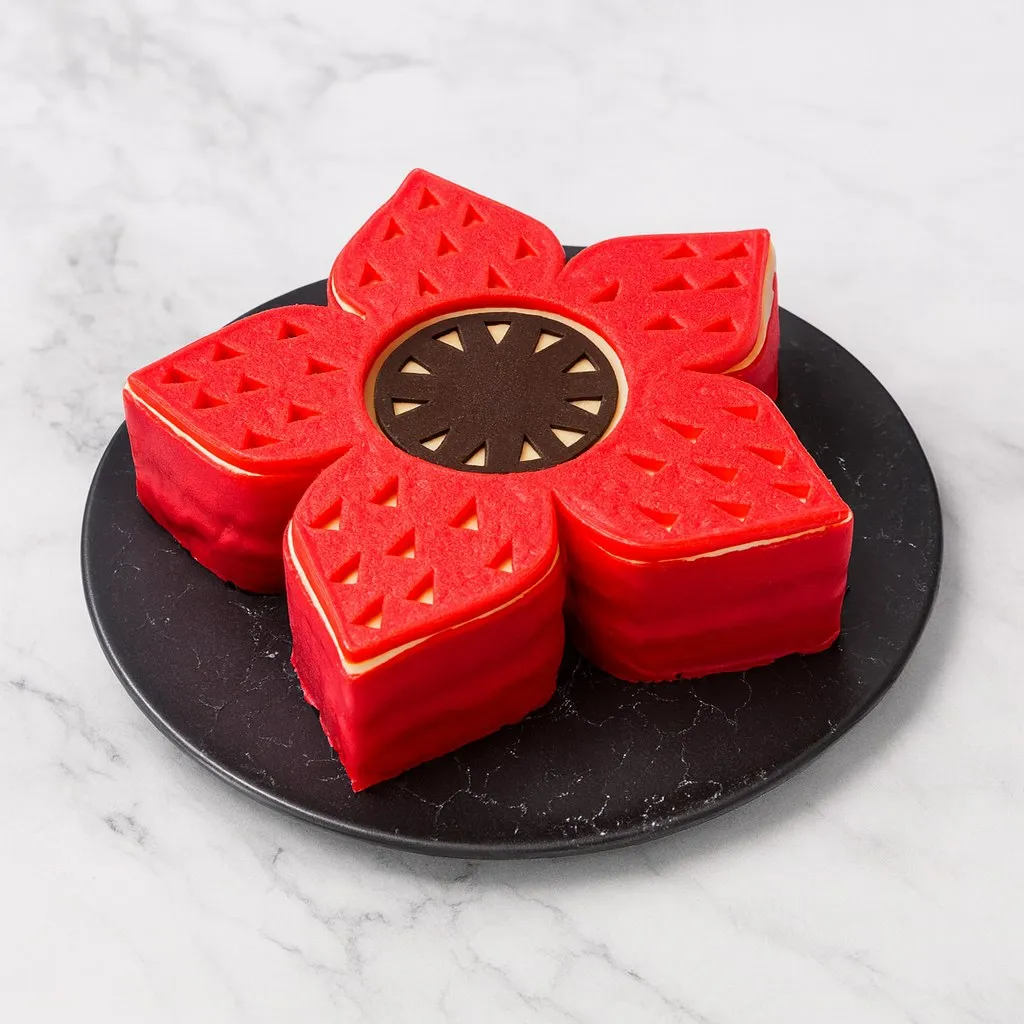 Gâteau BO&MIE en forme de fleur rouge à cinq pétales, cœur chocolat, sur une assiette noire