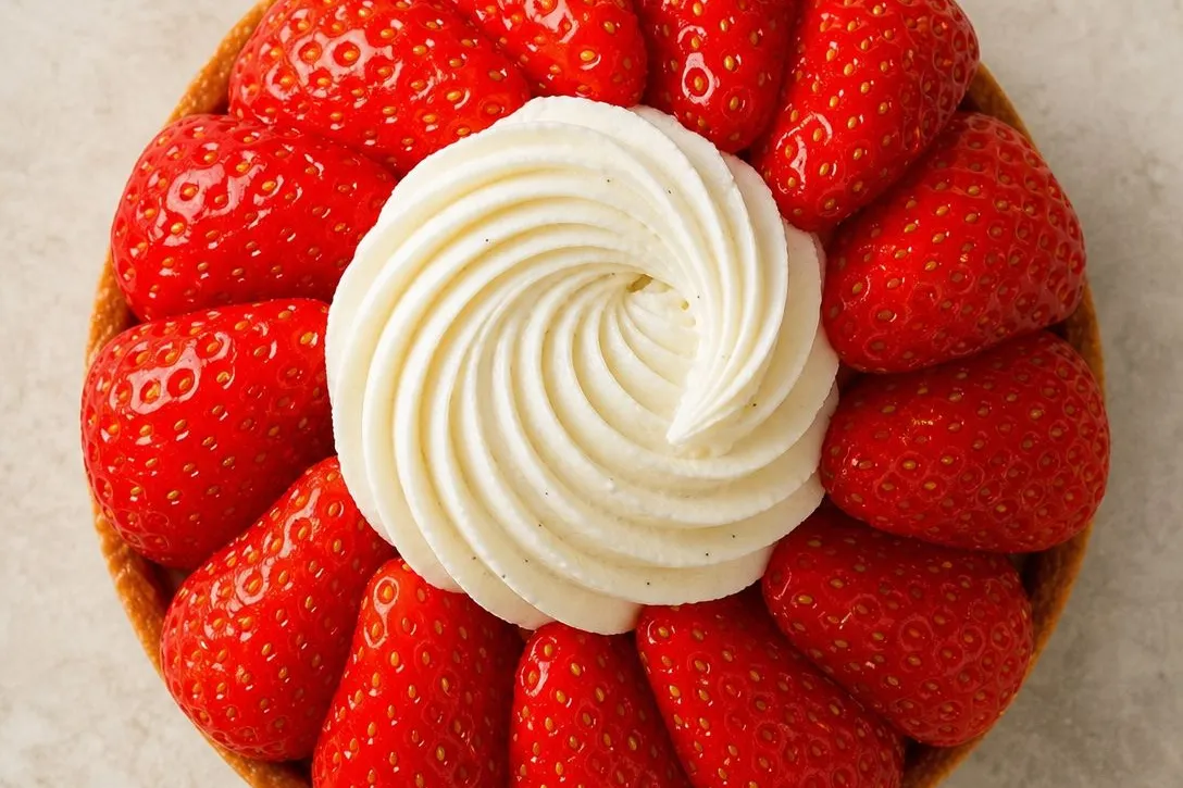Tarte aux fraises BO&MIE vue du dessus, couronne de fraises entières autour d’une rosace de crème vanille
