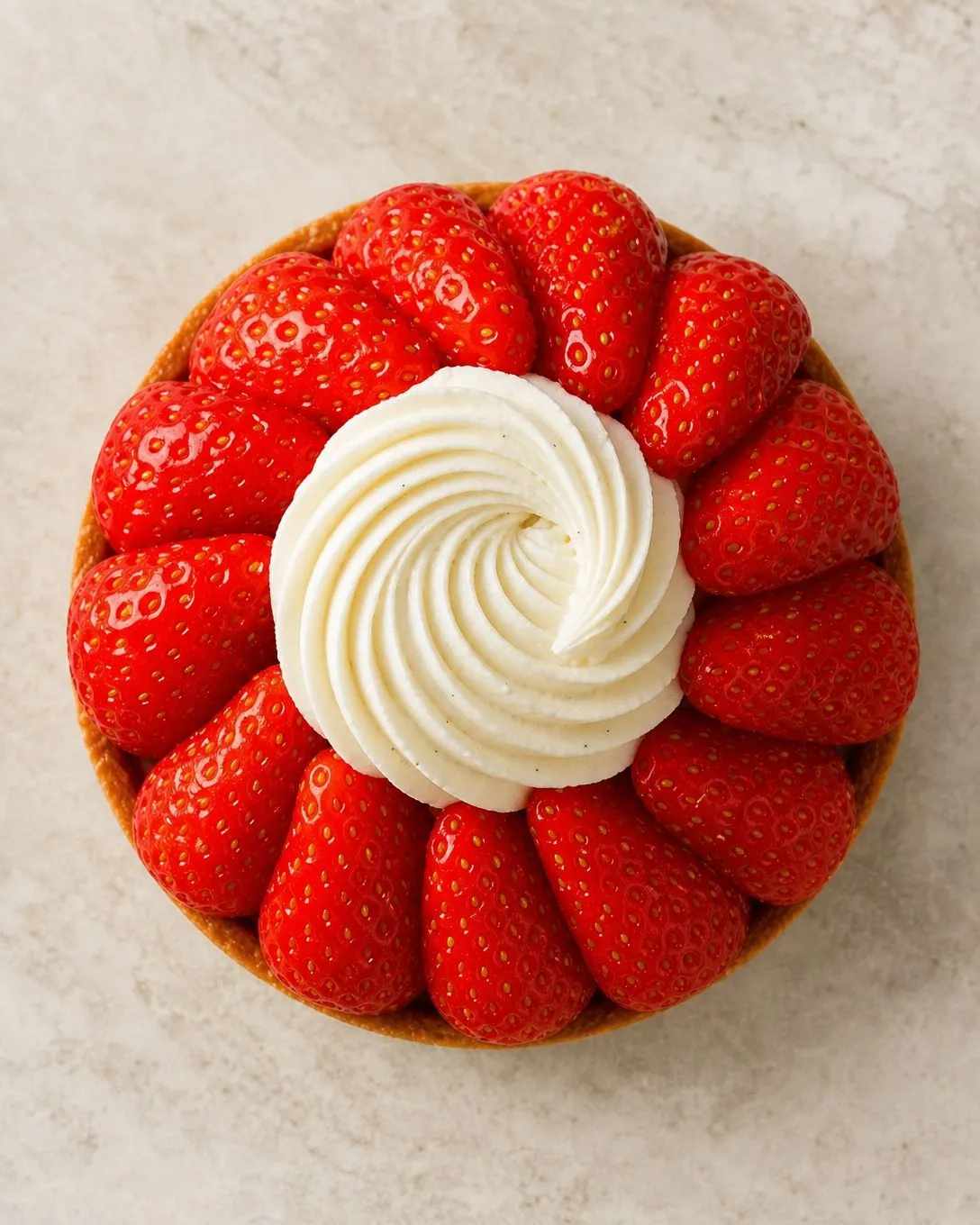 Tarte aux fraises BO&MIE vue du dessus, couronne de fraises entières autour d’une rosace de crème vanille