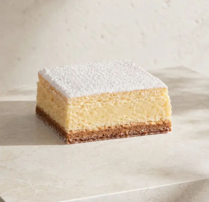 Part de cheesecake BO&MIE sur socle biscuité, poudrée de sucre glace