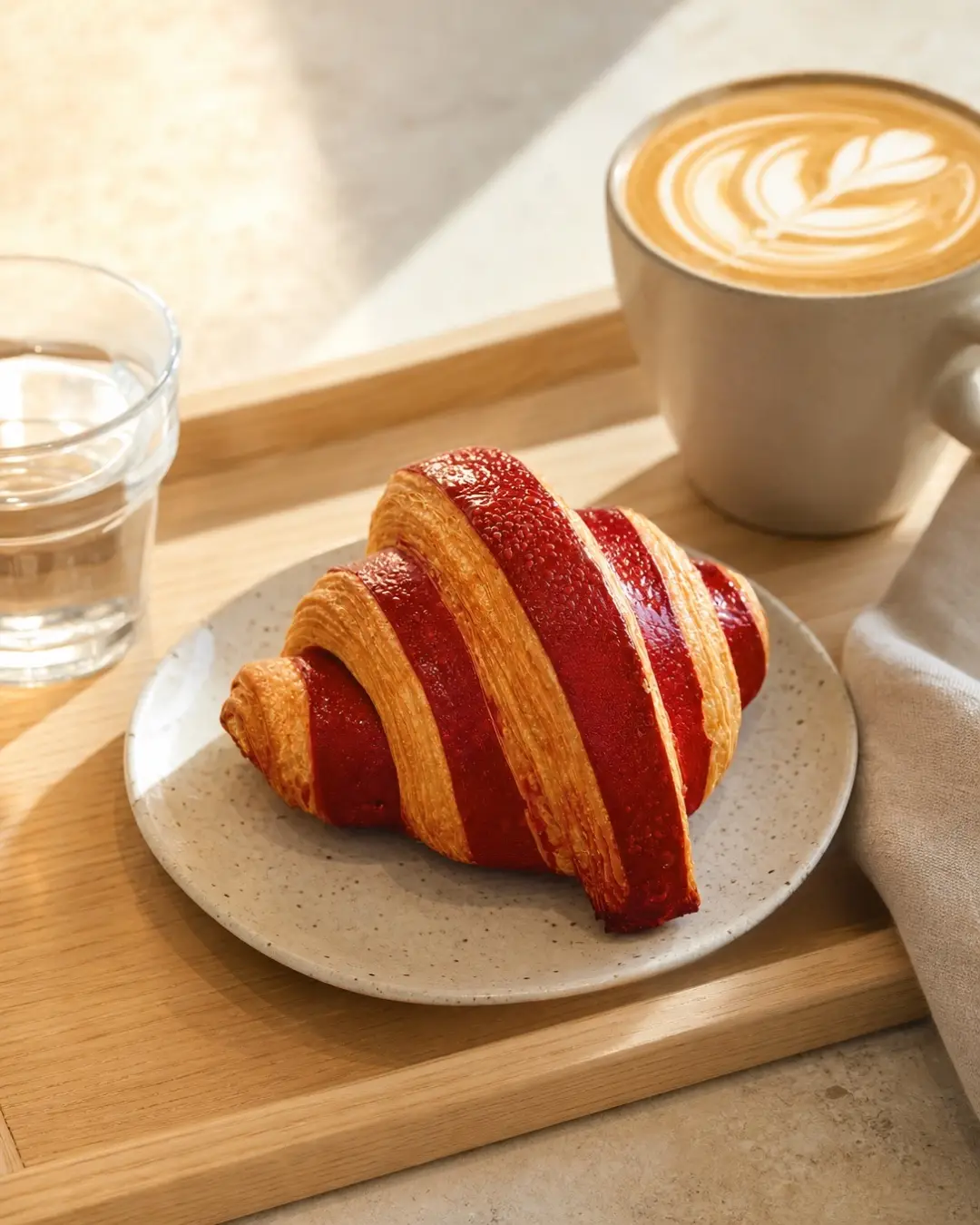 Croissant framboise BO&MIE, feuilletage rouge et doré, sur une assiette claire