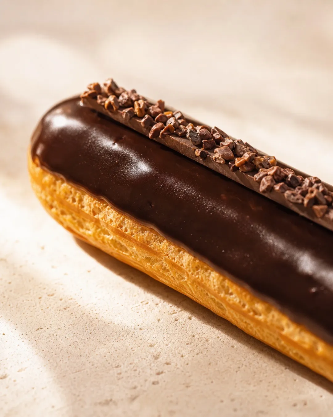 Éclair au chocolat BO&MIE, glaçage brillant et éclats de fèves de cacao