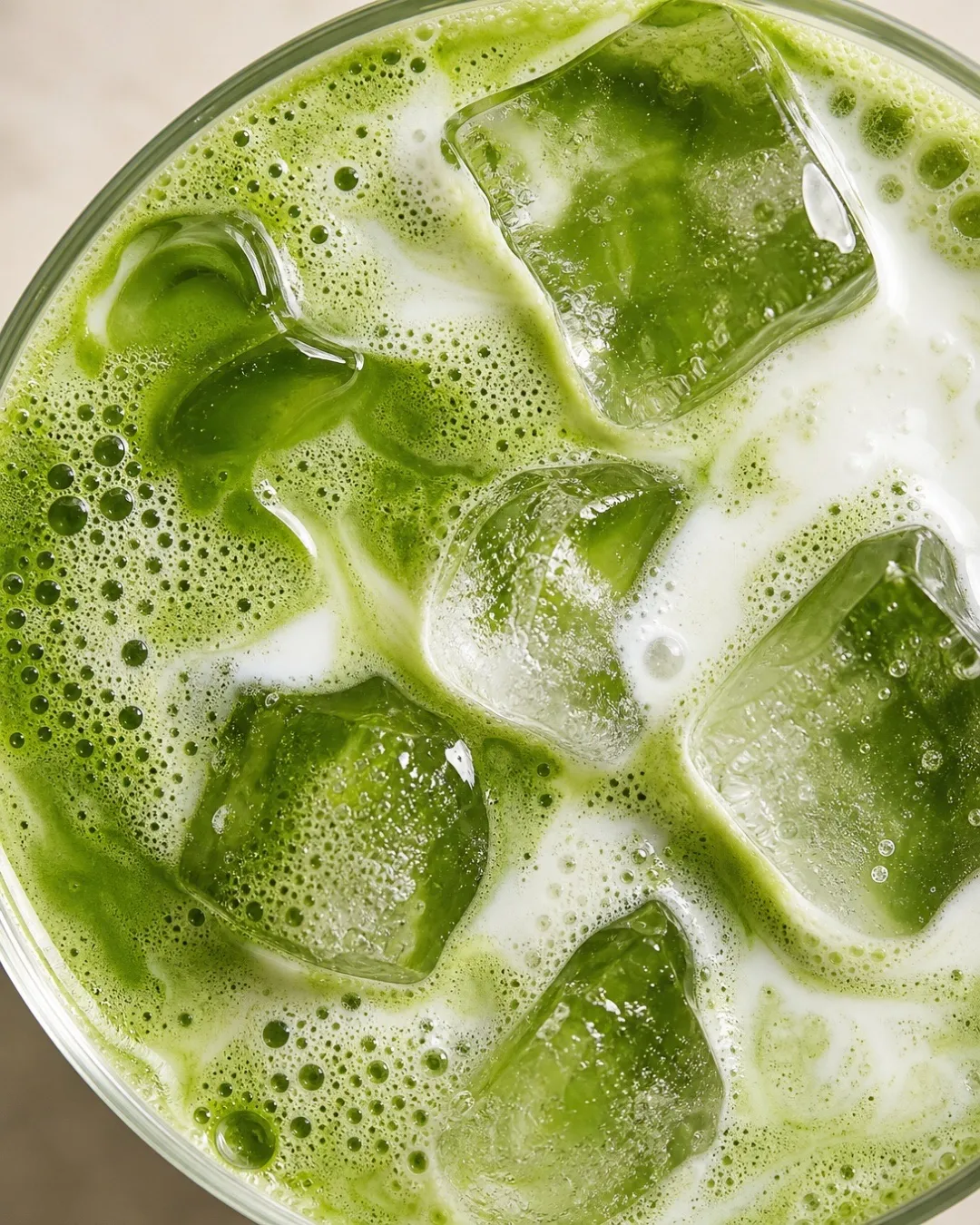 Matcha latte glacé BO&MIE, mousse verte et glaçons