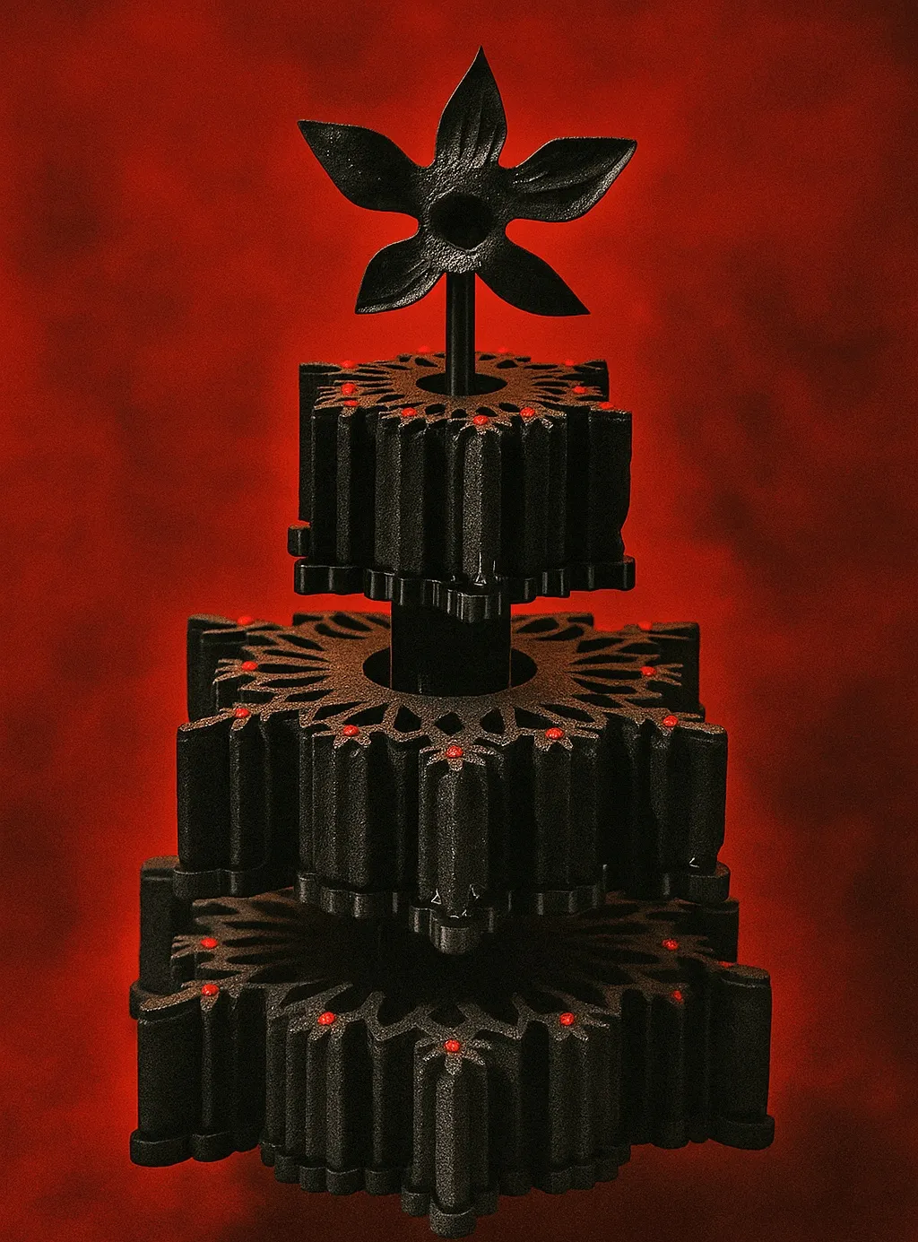 La bûche BO&MIE « Stranger Things Edition », sapin sombre en trois étages surmonté d’une fleur du Demogorgon