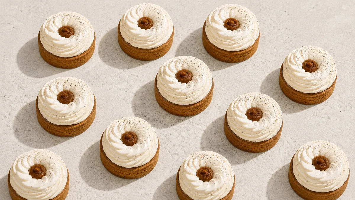 Des tartelettes à la crème vanille grainée de gousse, en quinconce